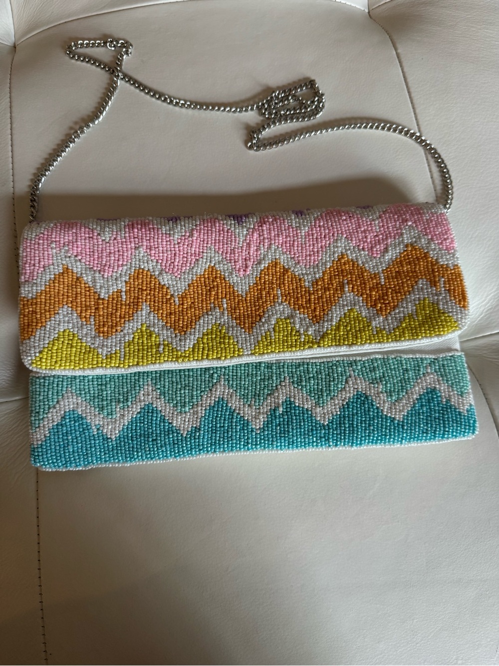 Colorblock Beaded Chevron Foldover Clutch - Pink, Yellow & Blue